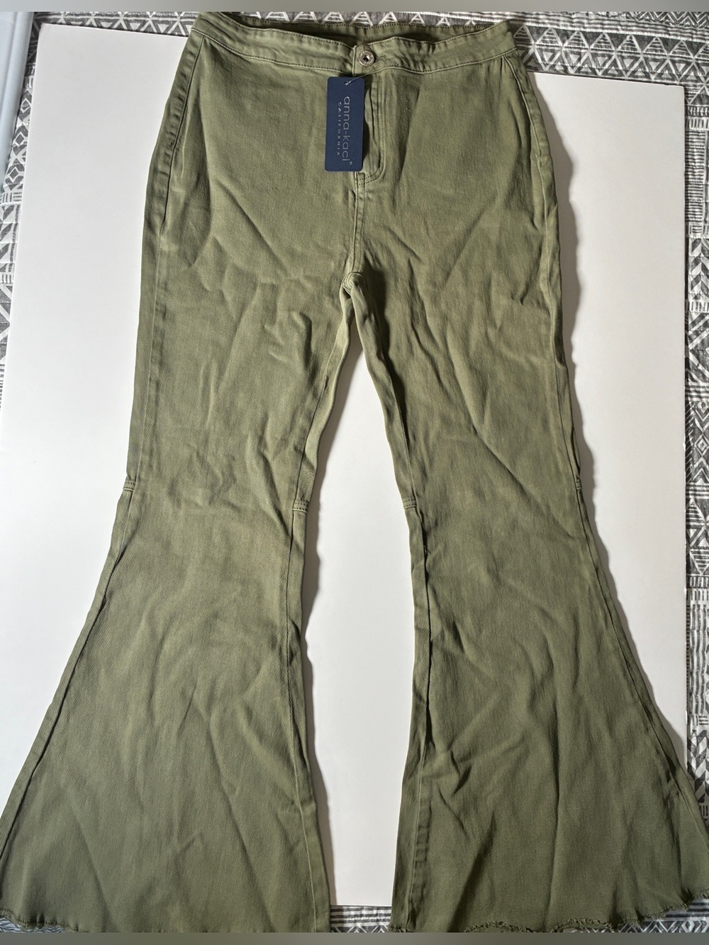NWT Anna Kaci Olive Green Bell Bottom High Waist Denim Jeans